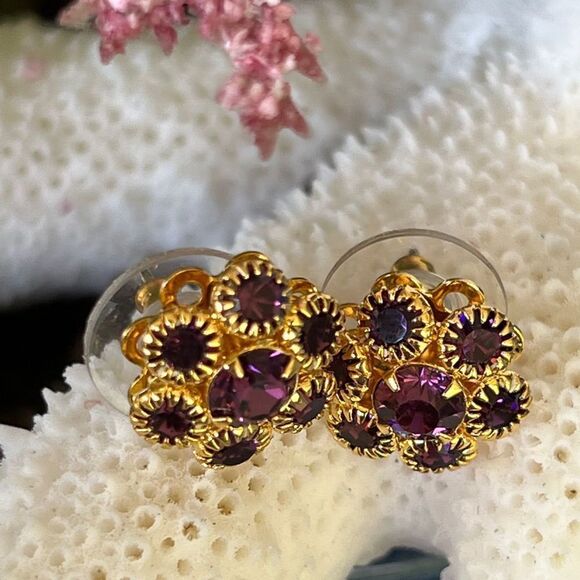 Gold Purple Floral Swarovski Crystals Statement Earrings - Picture 3 of 9